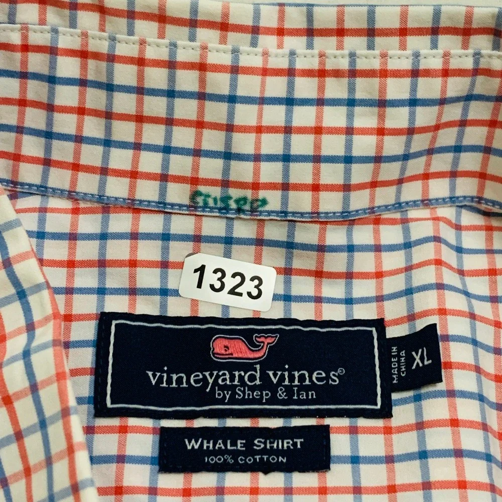 Vineyard Vines Whale Shirt Mens XL Red Blue Check Long Sleeve Button Down Cotton
